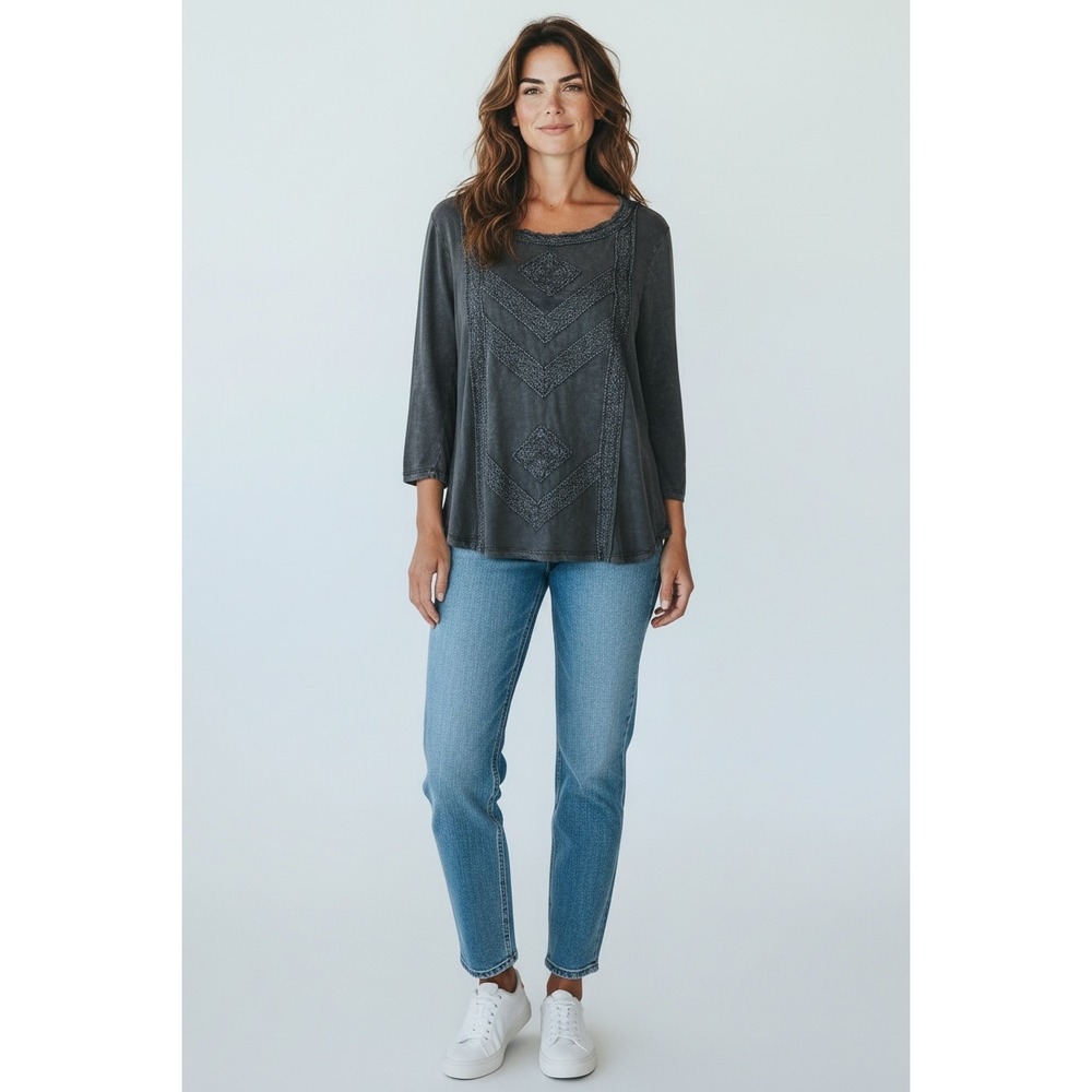 Soft Surroundings Grey Mineral Wash Embroidered Crochet Trim 3/4 Sleeve Top XL